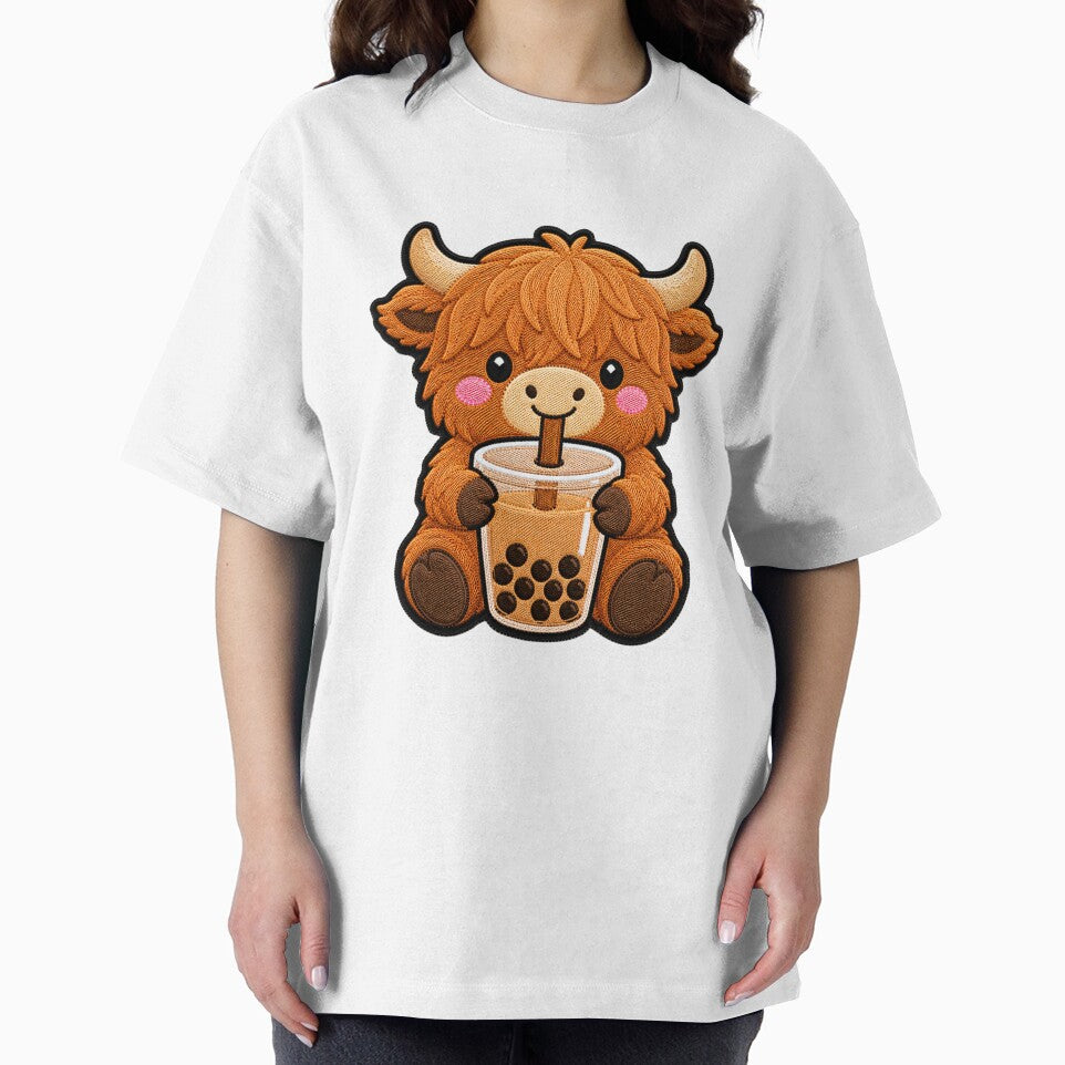 Kawaii Highland Cow with Bubble Tea - Cute Highland Cow Embroidery Patch by ColorSplash123