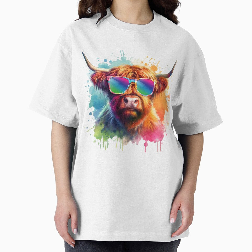 Scottish Highland Cow in Sunglasses Colorful Watercolor by MaedK