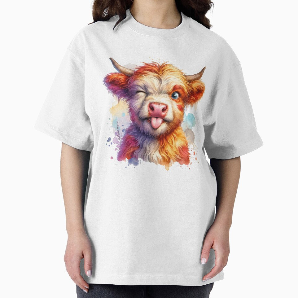 Cute Scottish Baby Highland Cow Calf Pulling Funny Faces Colorful Watercolor by MaedK