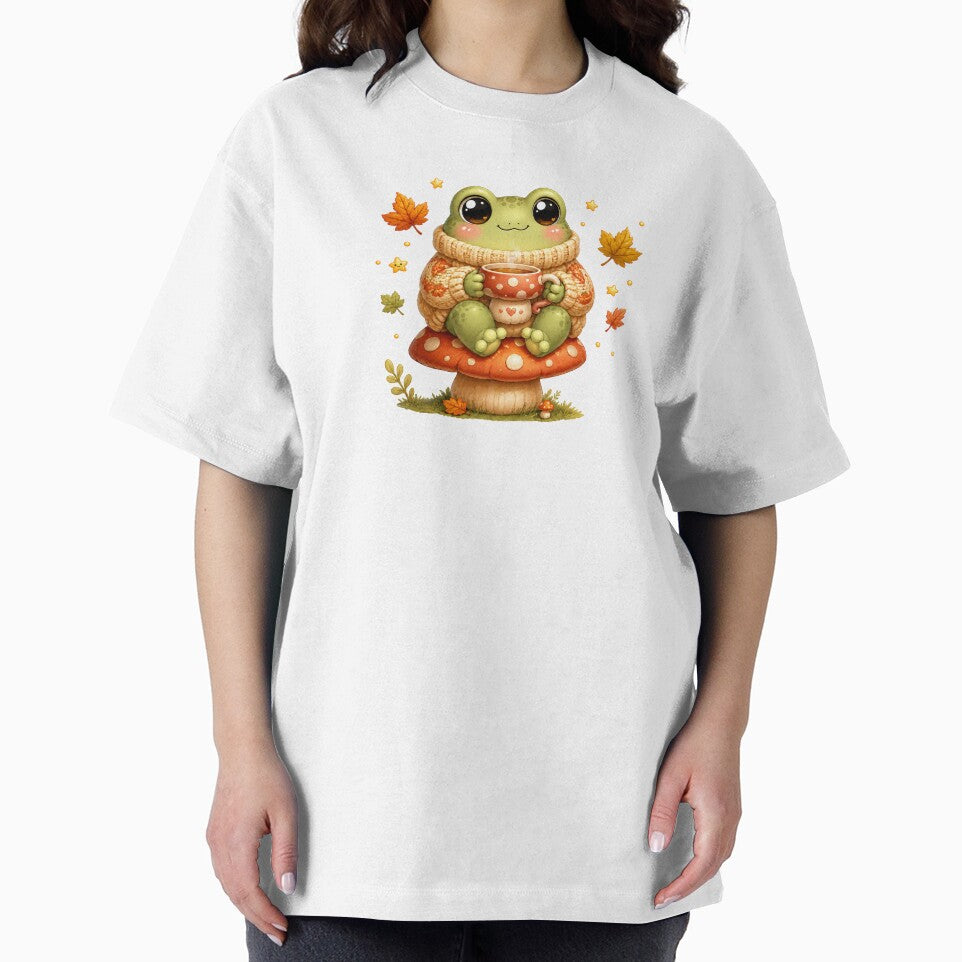 Cozy Autumn Frog with Tea on a Mushroom by cat-and-pigeon