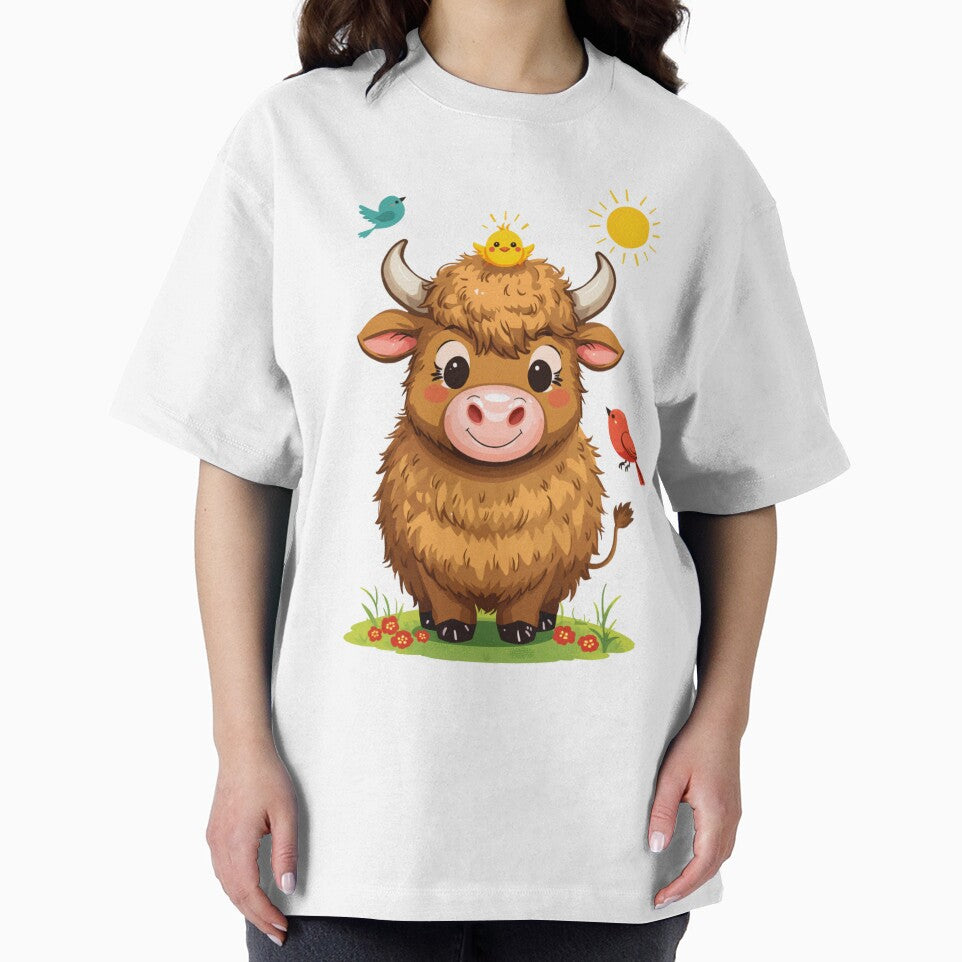Charming Cartoon Highland Cow with Chick & Sunny Friends by katiecorners