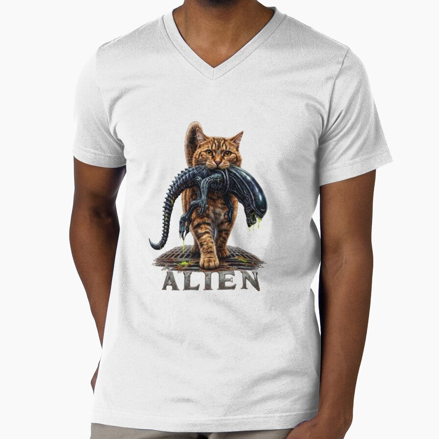 Alien The Short Version Cat Shirt – Sci-Fi Horror Parody Graphic Tee - Cat Carrying a Xenomorph – Funny Alien Sci-Fi Parody Pet Art by RaresS