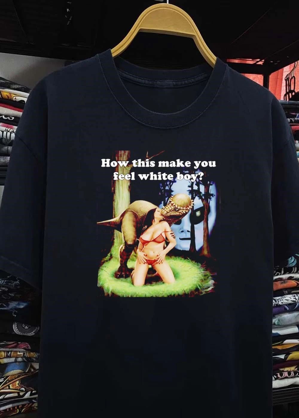 Alien and Dinosaur Interacting with Woman How This Make You Feel White Boy Shirt