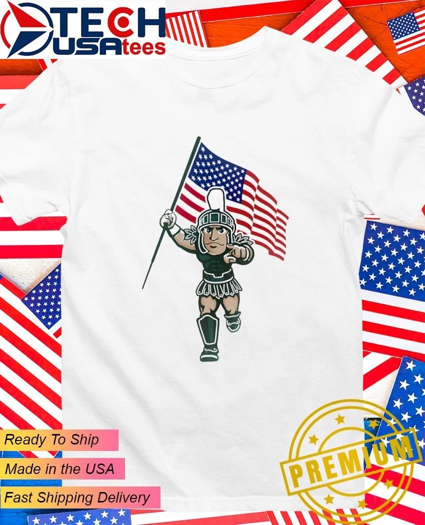Michigan State Spartans mascot holding USA flag shirt