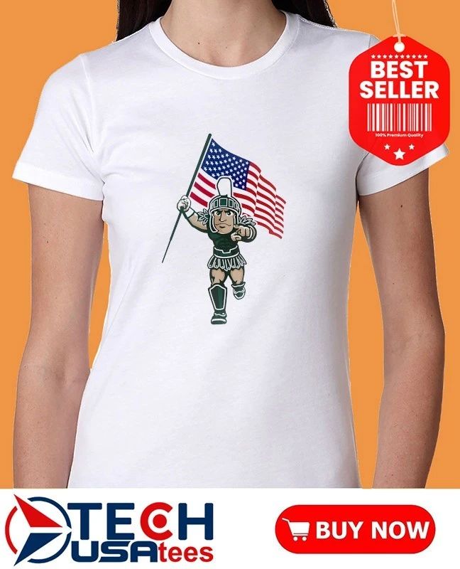 Michigan State Spartans mascot holding USA flag shirt