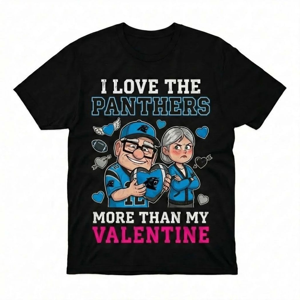 Carl And Ellie Fredricksen I Love The Carolina Panthers Up Movie I Love The Panthers More Than My Valentine Logo T-Shirt