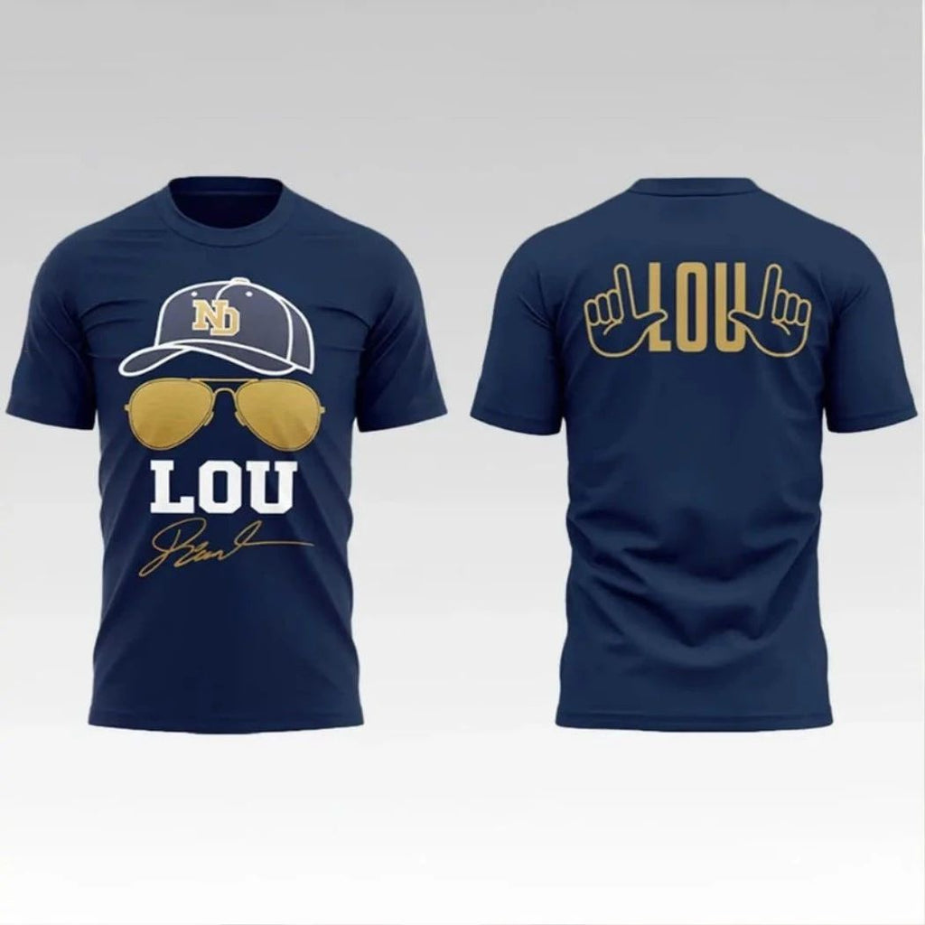 2026 Notre Dame Football Lou Holtz Signature Logo Two Sided Shirt