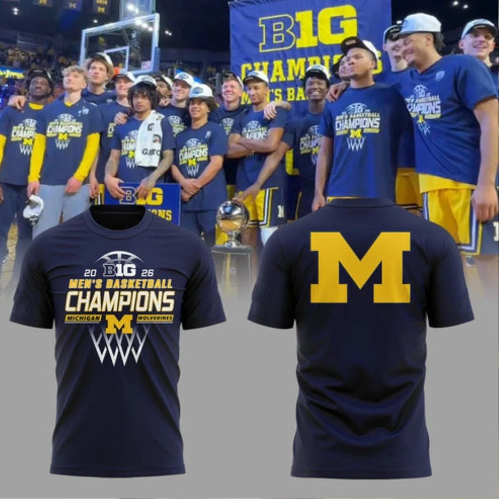 Michigan Wolverines B10 MBB Champions Navy Logo Two-Sided Graphic T-Shirt