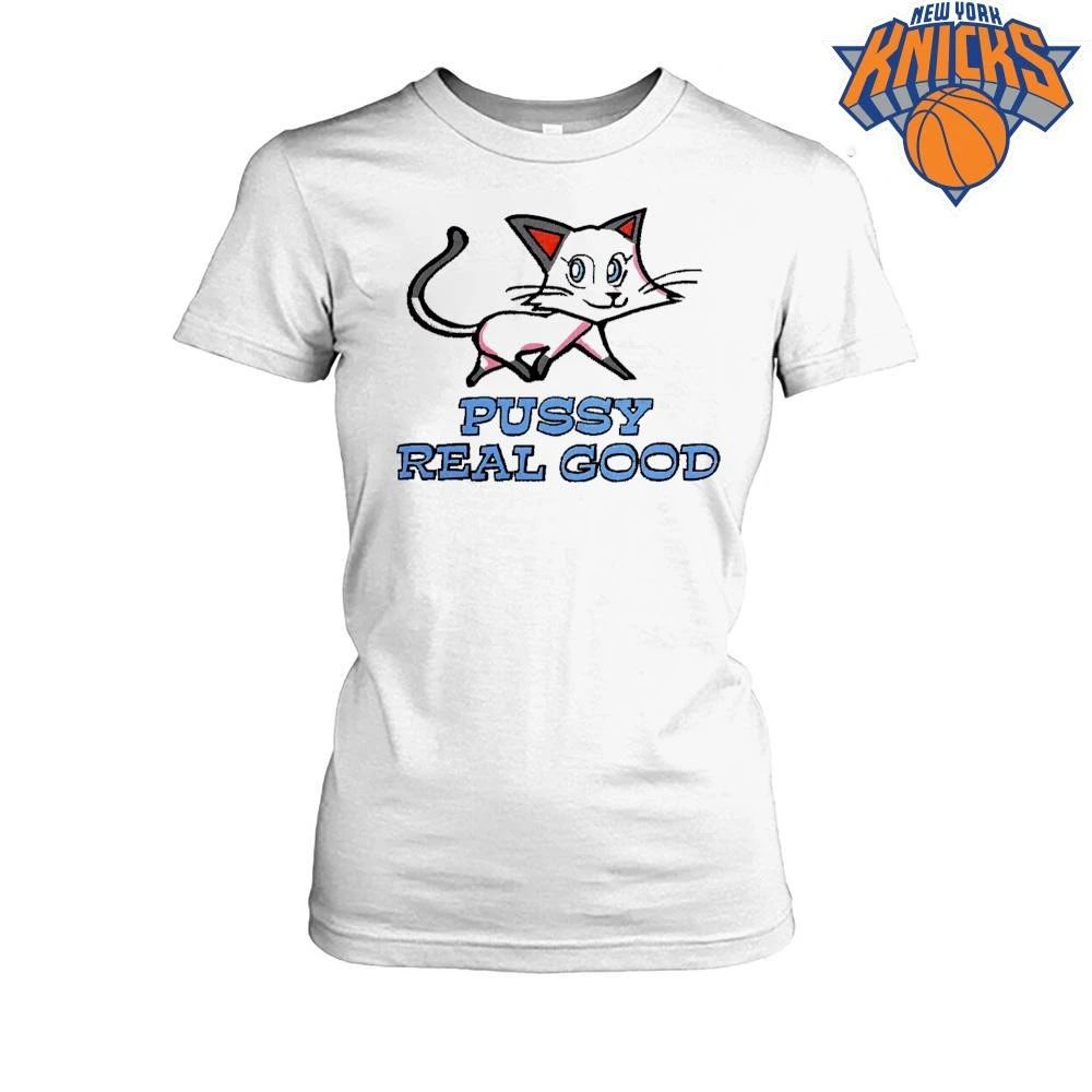 Vintage Pussy Real Good White Cat Cartoon Innuendo Graphic Novelty Humor Shirt