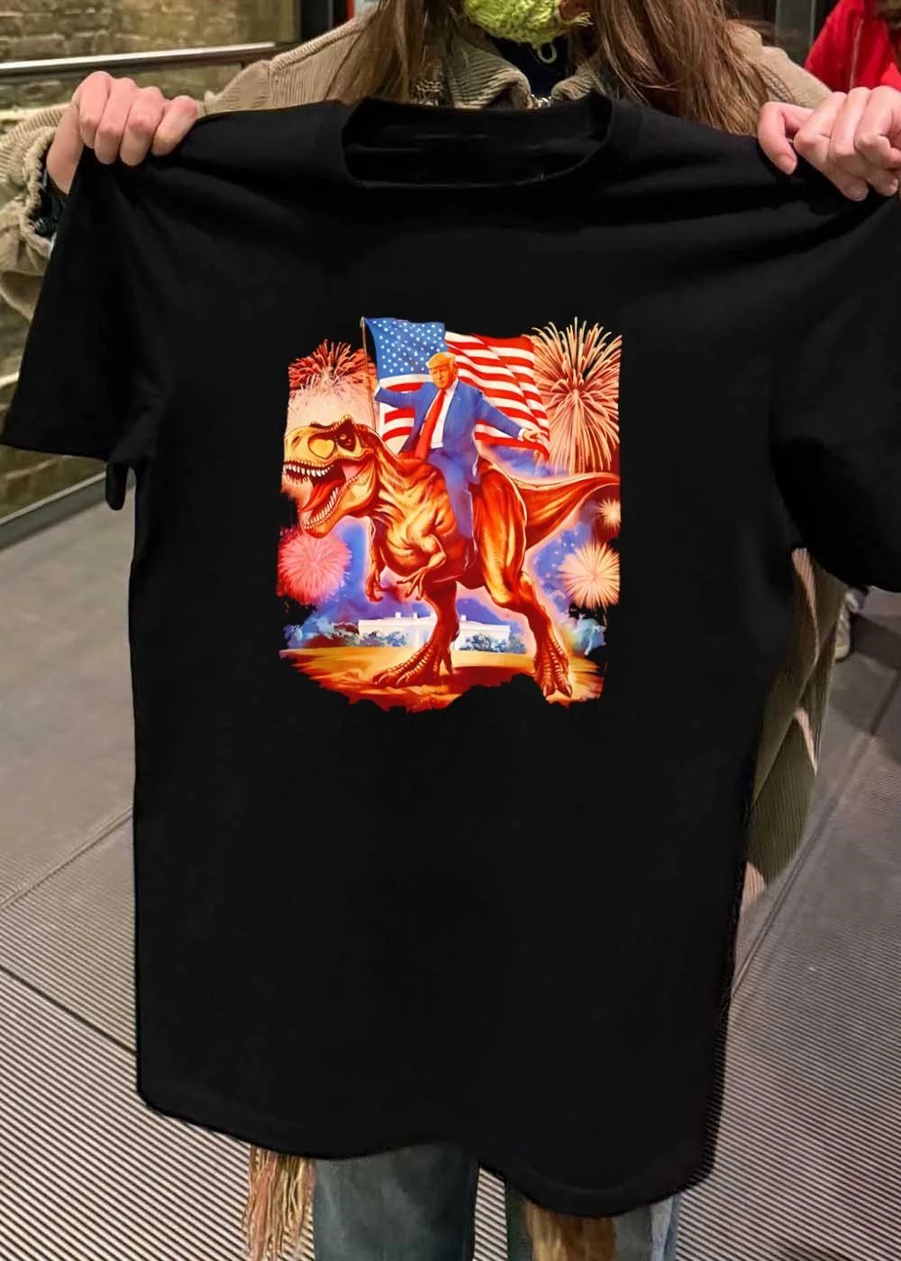 Donald Trump Riding a T-Rex American Flag Fireworks White House shirt