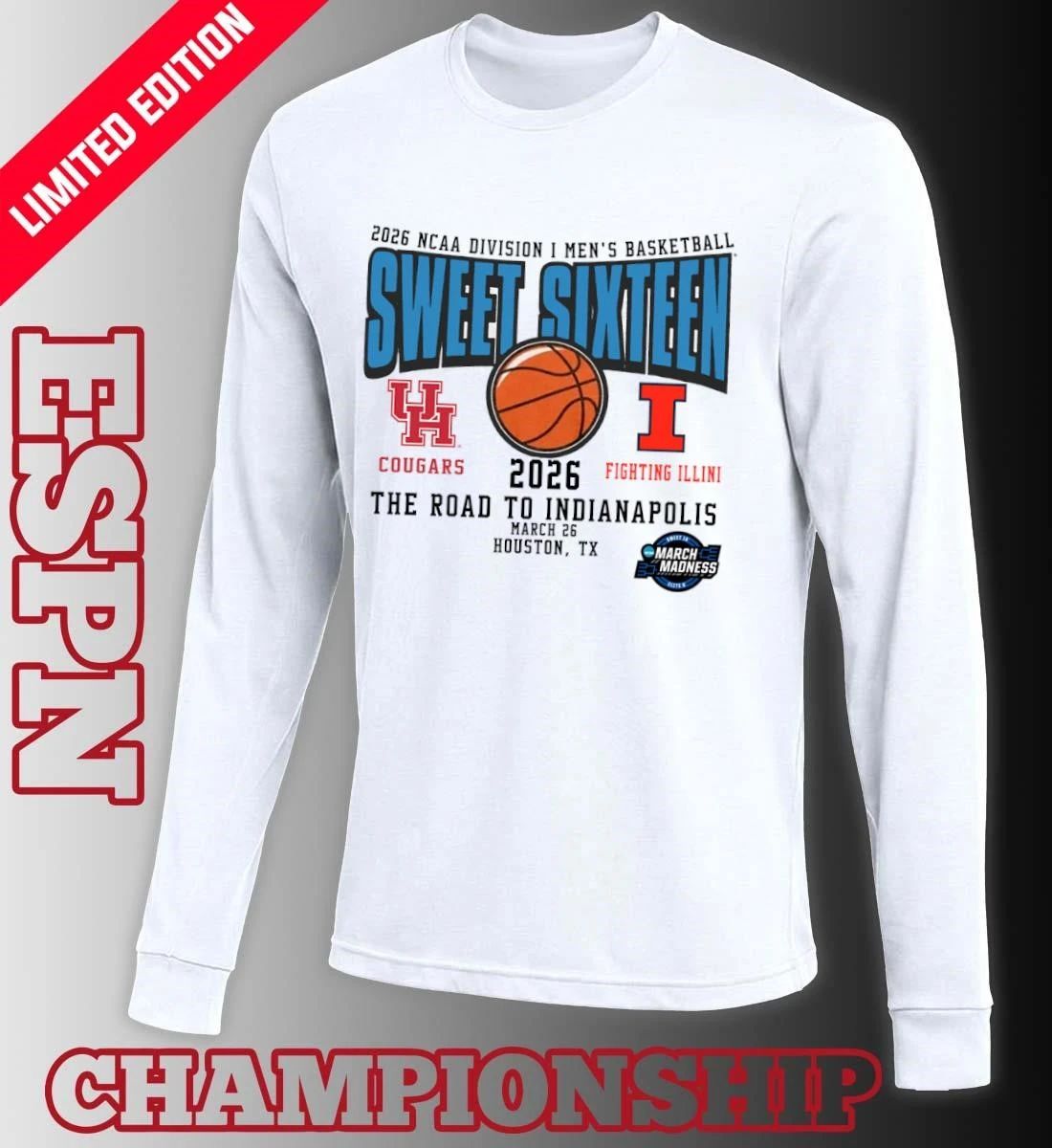 Houston Vs Illinois 2026 NCAA DI Men’s Basketball Tournament Sweet Sixteen T-Shirt