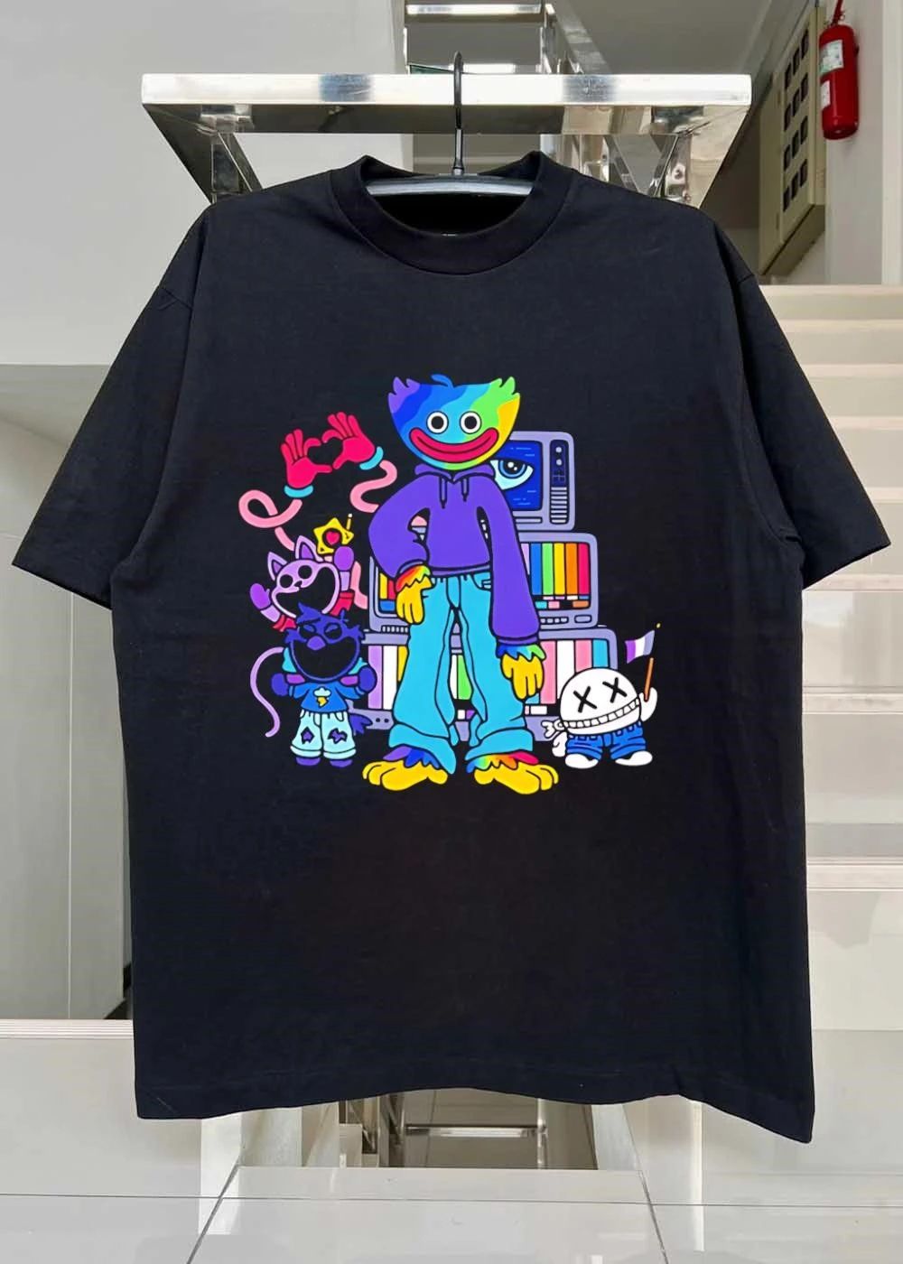 Rainbow Huggy Wuggy TV Stack and Catnap Aesthetic Pride Flag T-Shirt