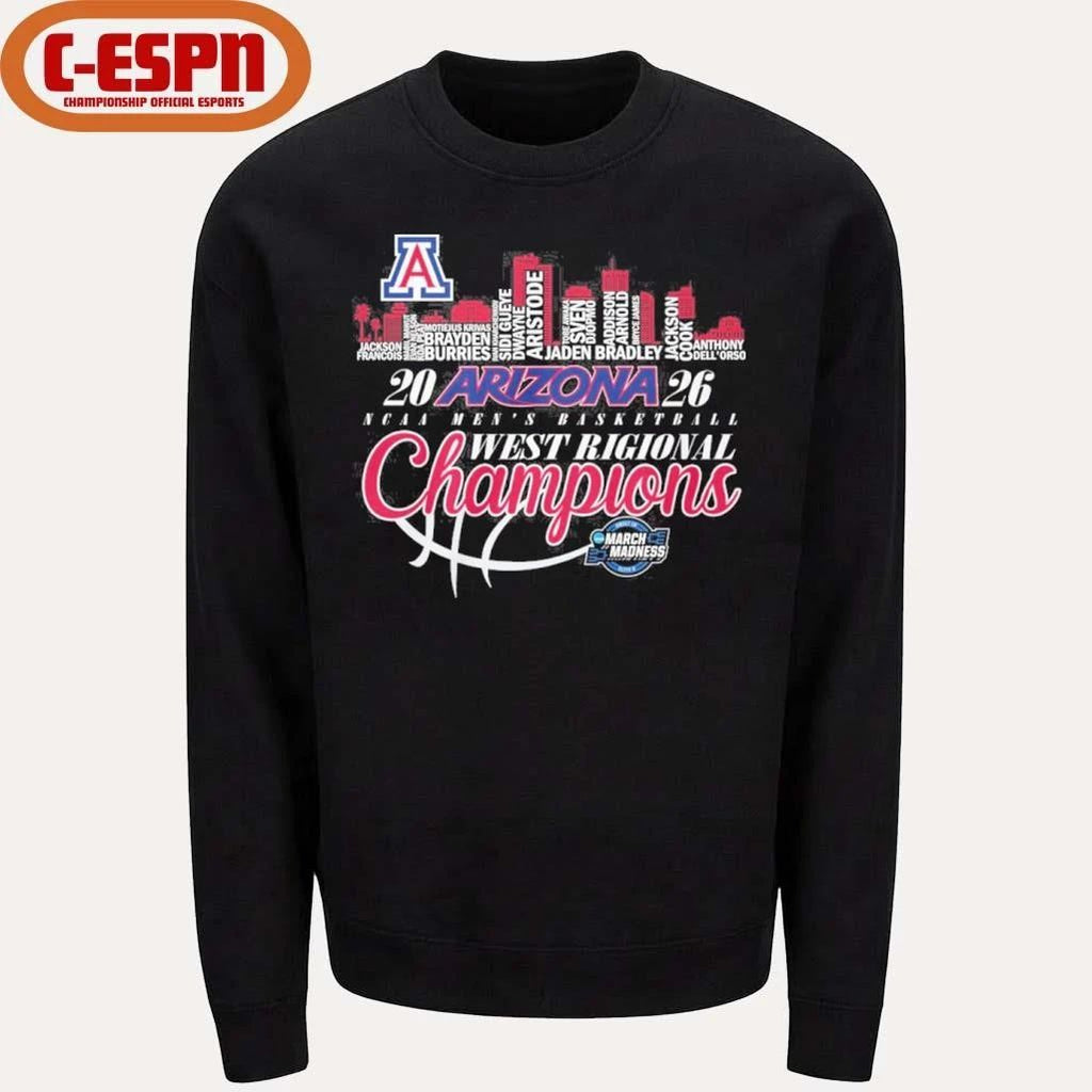 Arizona Wildcats 2026 Men’s Basketball Midwest Regional Champions Skyline Player Name Shirt