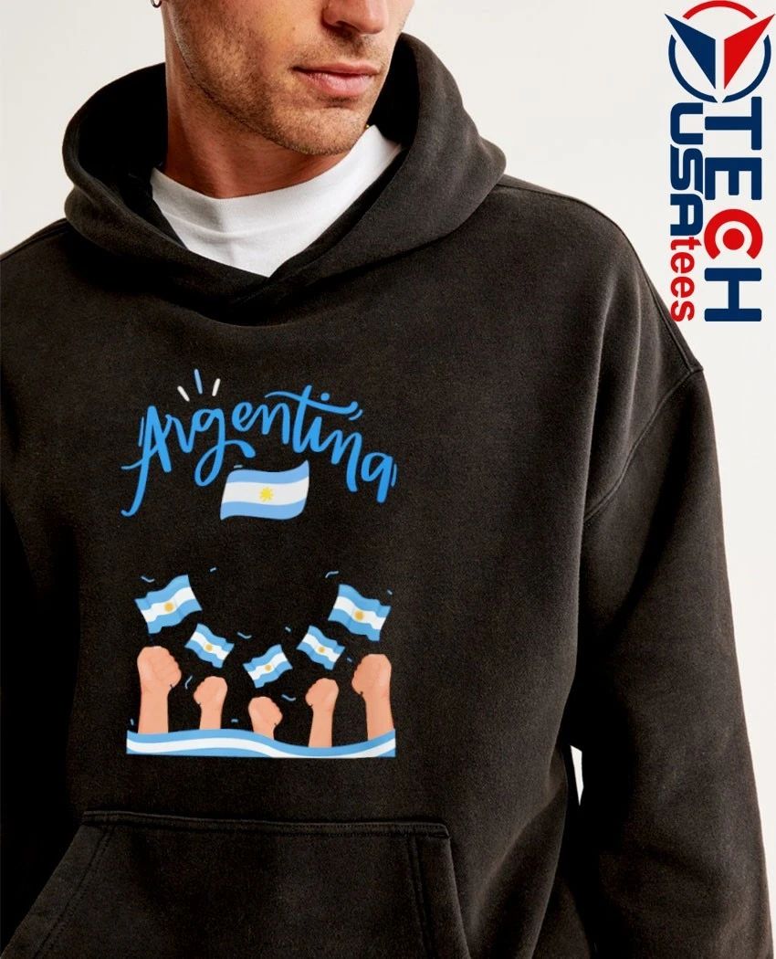 Argentina fan raised fists holding flag shirt