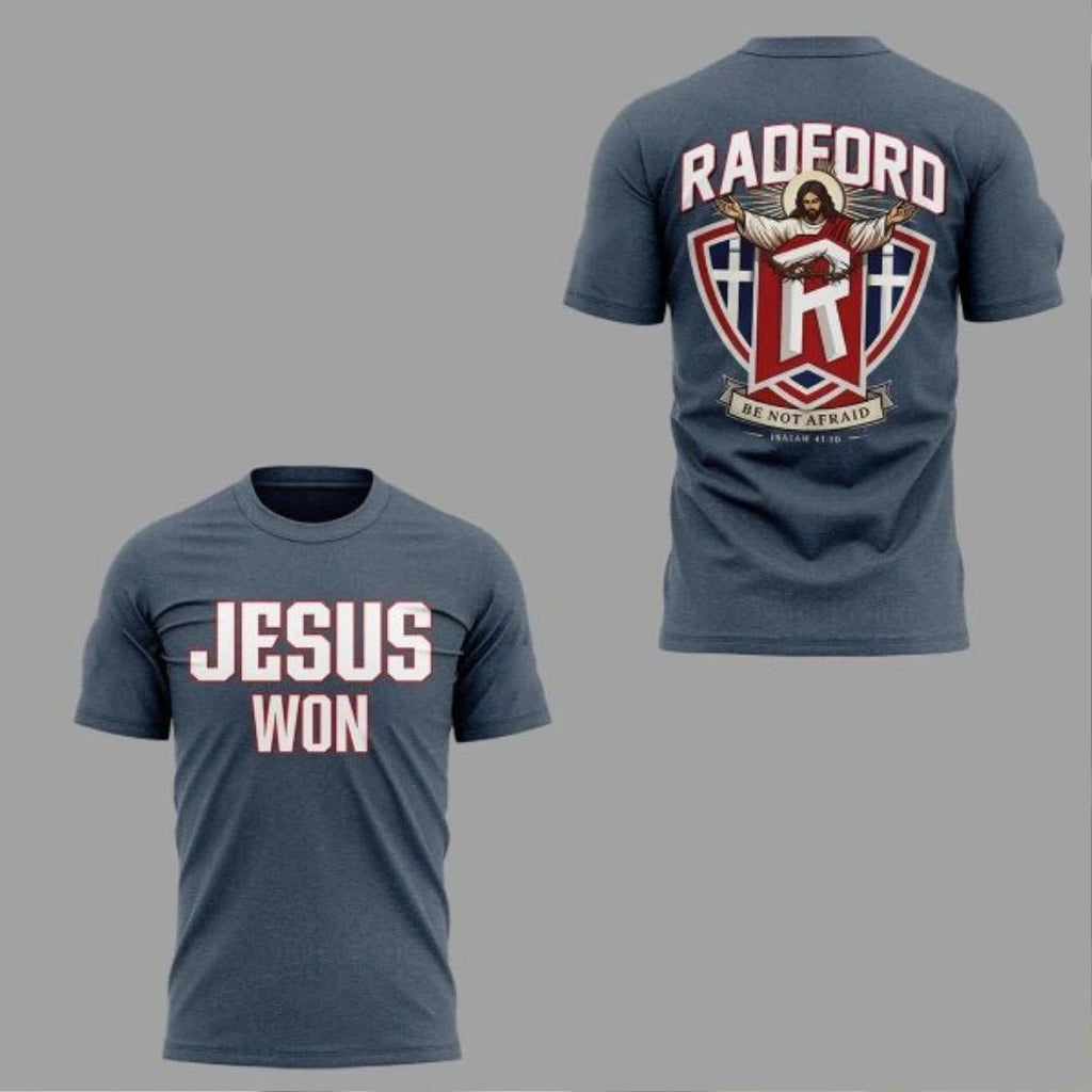 Radford Highlanders Baseball 2026 Jesus Won Short-Sleeve Logo Two Sided Shirt