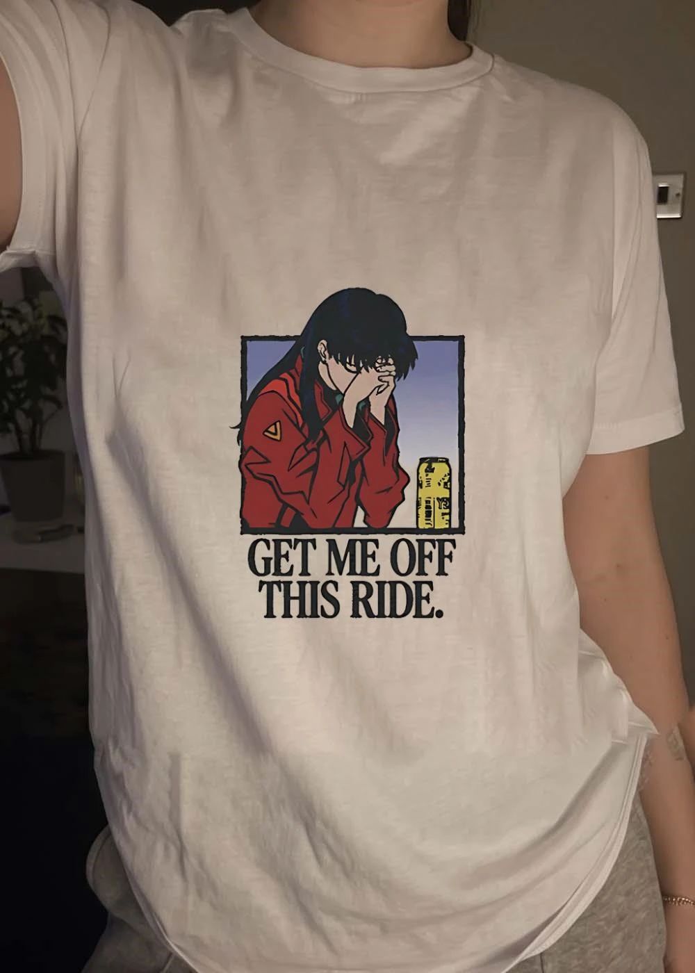 Misato Katsuragi Crying and Drinking Get Me Off This Ride shirt