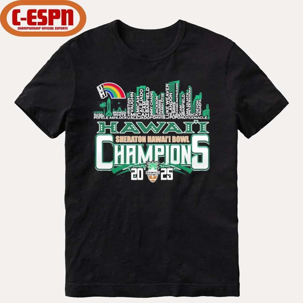 Hawaii Rainbow Warriors Skyline Players Name 2025 Hawaii Bowl Champions Shirt