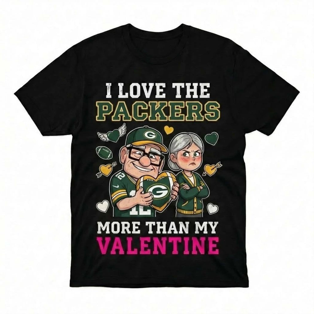 Carl And Ellie Fredricksen I Love The Green Bay Packers Up Movie I Love The Packers More Than My Valentine Logo T-Shirt
