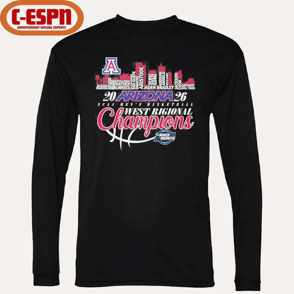 Arizona Wildcats 2026 Men’s Basketball Midwest Regional Champions Skyline Player Name Shirt
