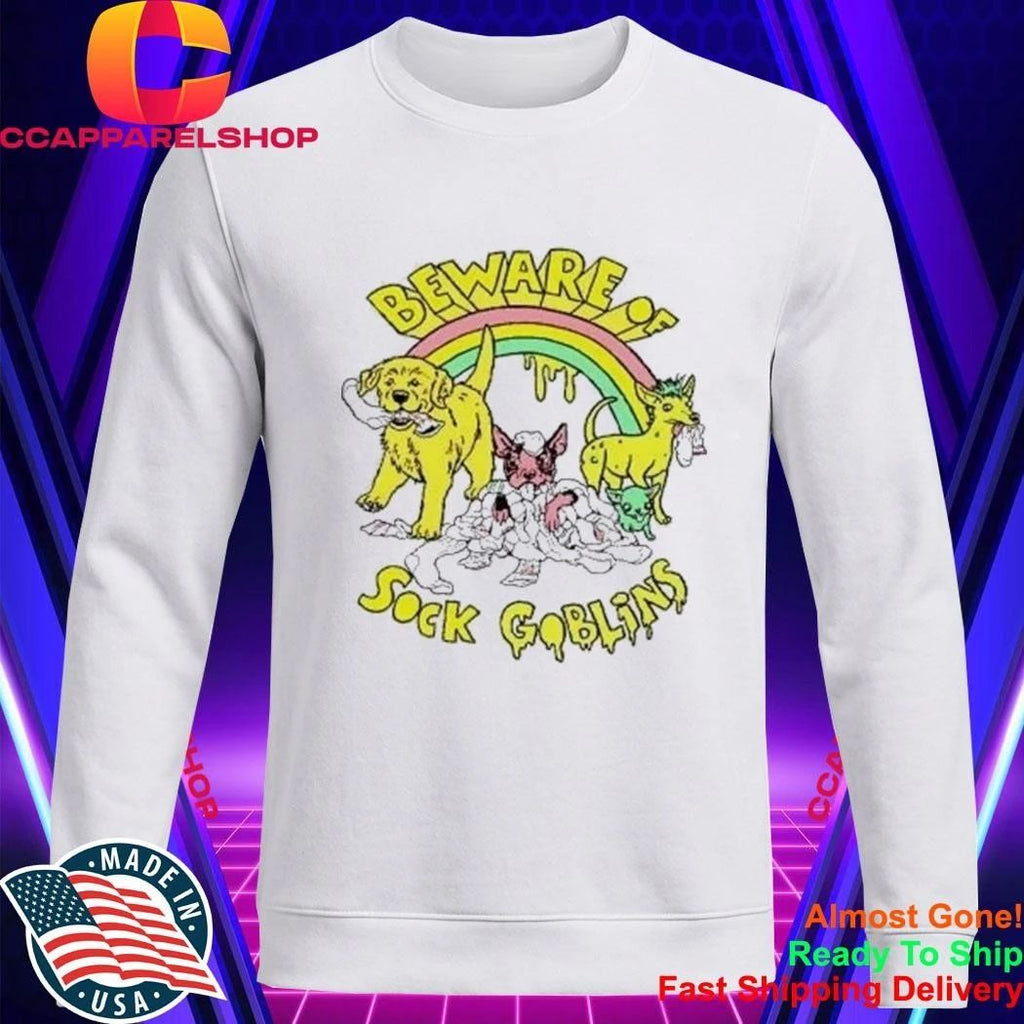 Beware Of Sock Goblins Cute Puppies Rainbow Dogs Eating Socks Shirt