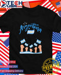 Argentina fan raised fists holding flag shirt