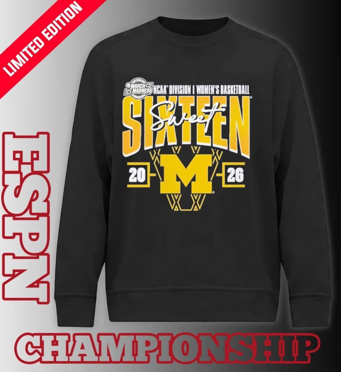 Michigan Wolverines 2026 NCAA Women’s Basketball Tournament March Madness Sweet 16 Court Shot T-Shirt