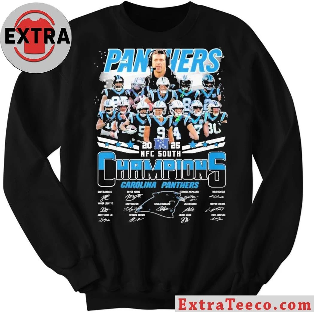 Carolina Panthers 2023-2025 NFC South Champions t-shirt featuring player images and signatures