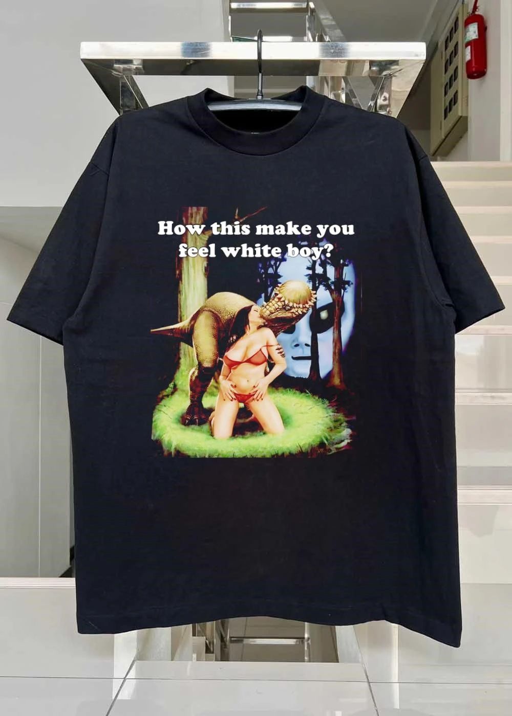 Alien and Dinosaur Interacting with Woman How This Make You Feel White Boy Shirt