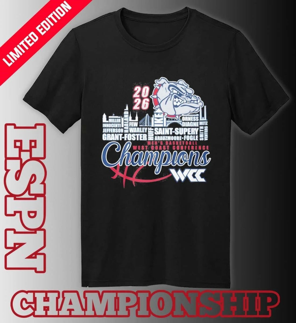 Gonzaga Bulldogs Men’s Basketball WCC Champions Skyline Player Name Shirt