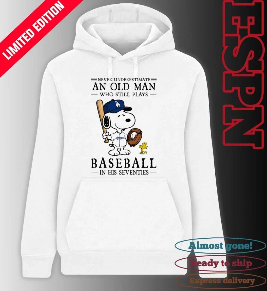 The Peanuts X Los Angeles Dodgers Never Underestimate An Old Man Who Still Plays Baseball In His Seventies Shirt