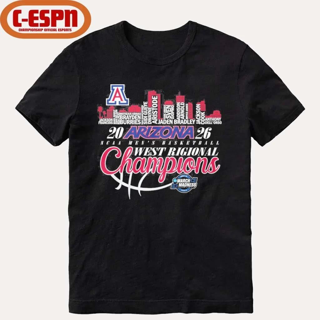 Arizona Wildcats 2026 Men’s Basketball Midwest Regional Champions Skyline Player Name Shirt