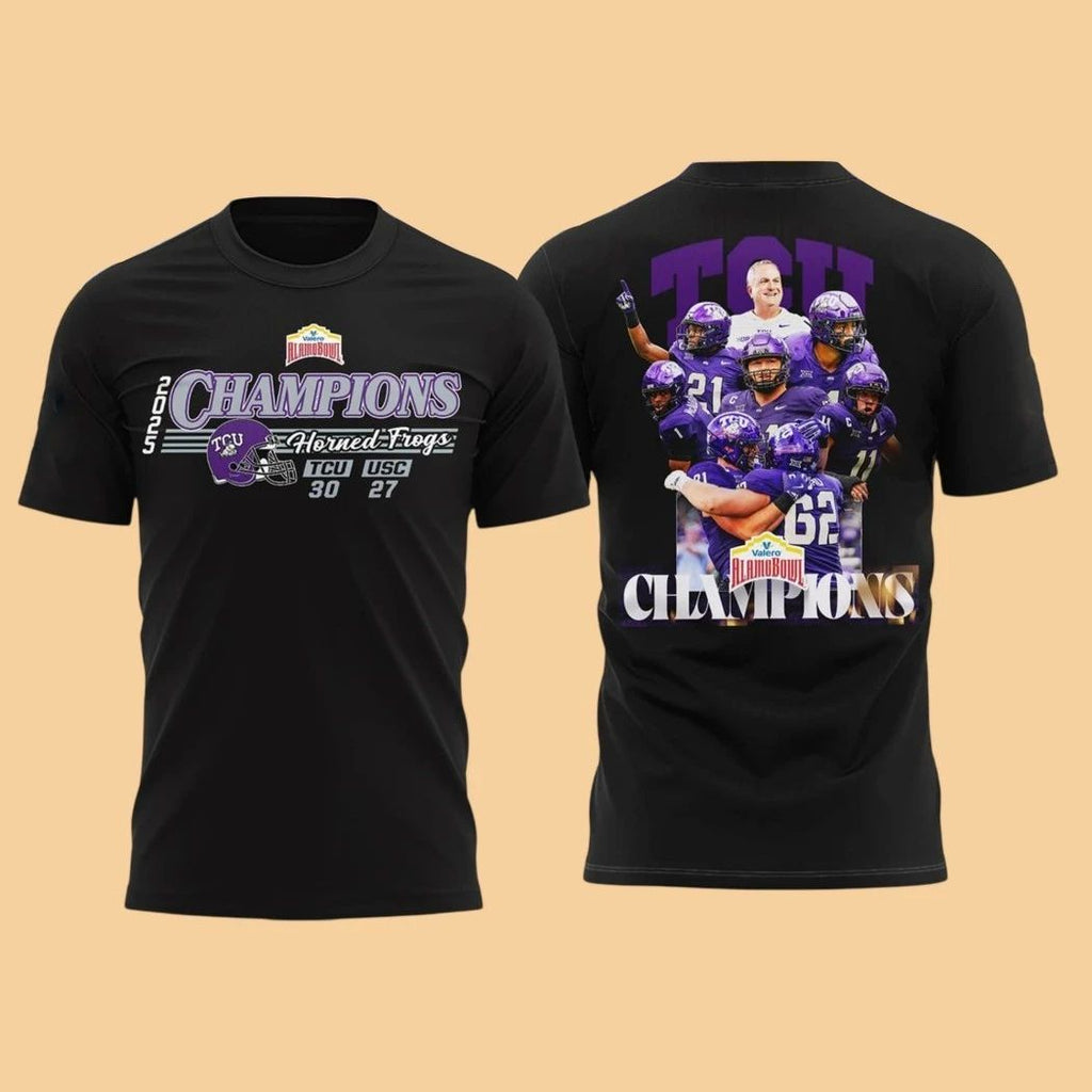 T-shirt commemorating the TCU Horned Frogs’ victory at the 2025 Valero Alamo Bowl