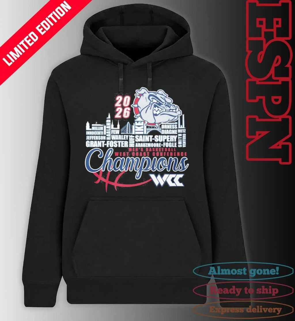 Gonzaga Bulldogs Men’s Basketball WCC Champions Skyline Player Name Shirt