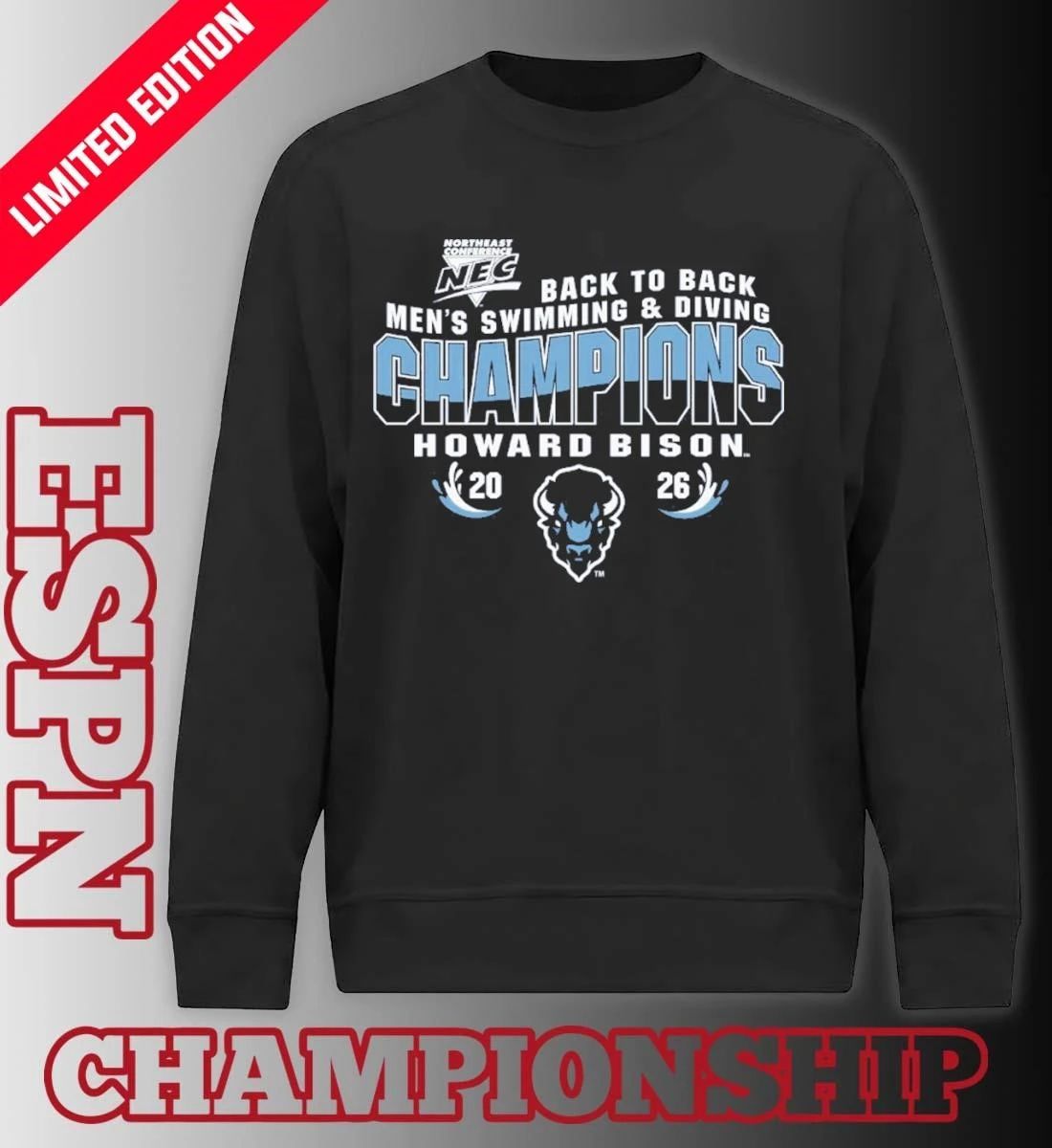 Howard University Men’s Swimming and Diving 2026 Back to Back NEC Champions Shirt