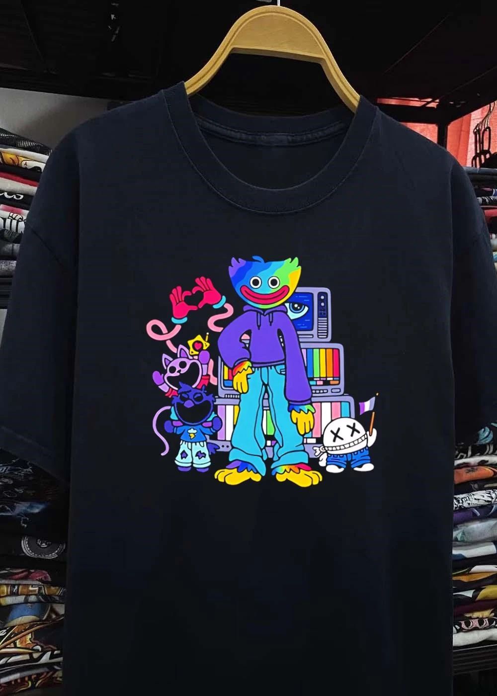 Rainbow Huggy Wuggy TV Stack and Catnap Aesthetic Pride Flag T-Shirt