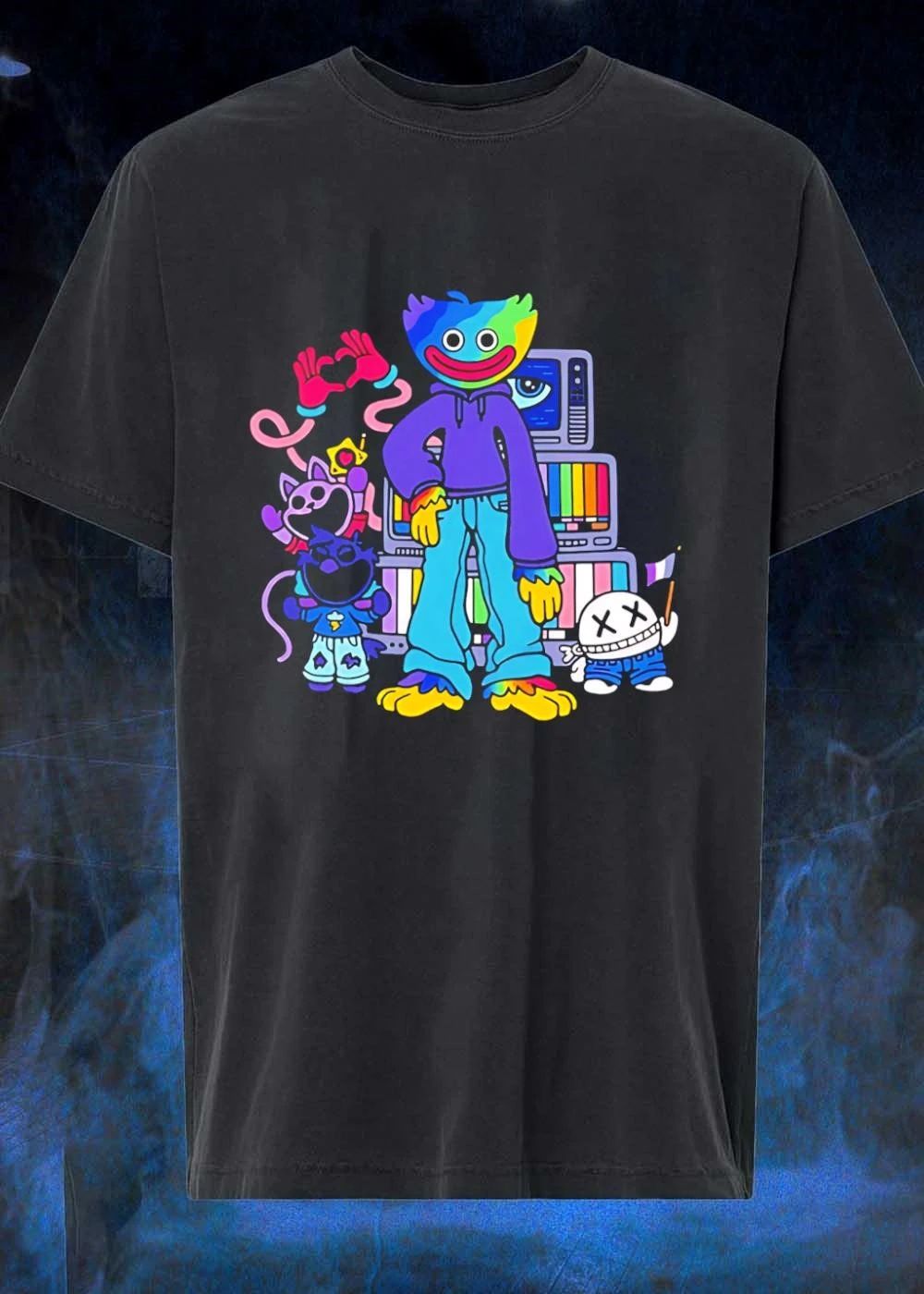 Rainbow Huggy Wuggy TV Stack and Catnap Aesthetic Pride Flag T-Shirt