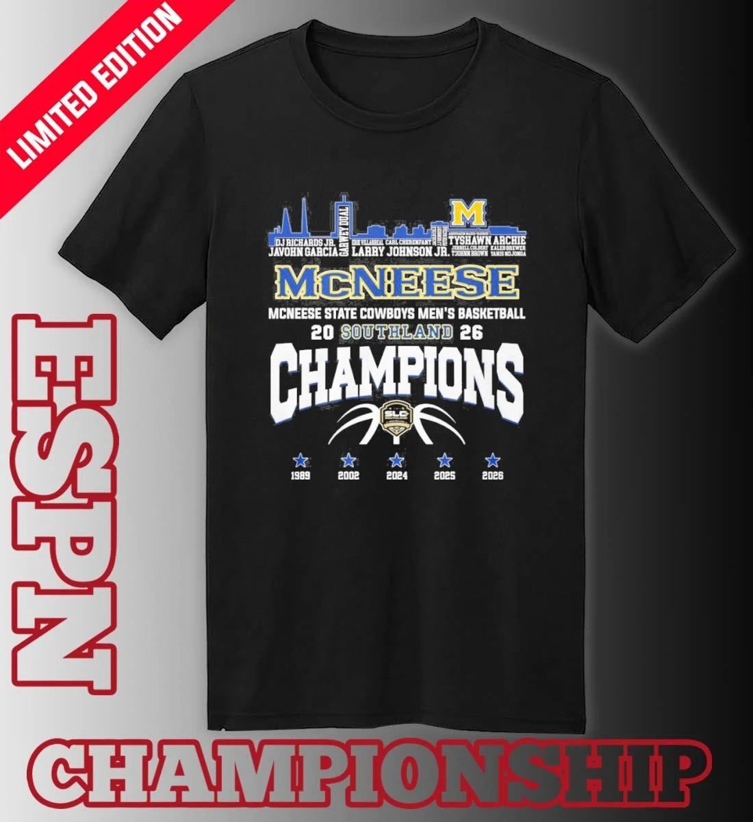 Mcneese State Cowboys Skyline Player Name Southland Men’s Basketball Champions Shirt