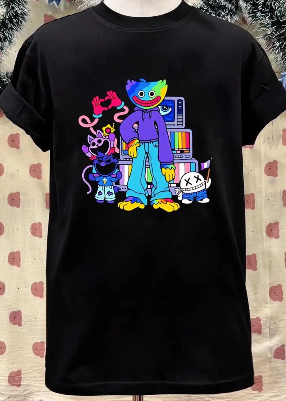 Rainbow Huggy Wuggy TV Stack and Catnap Aesthetic Pride Flag T-Shirt