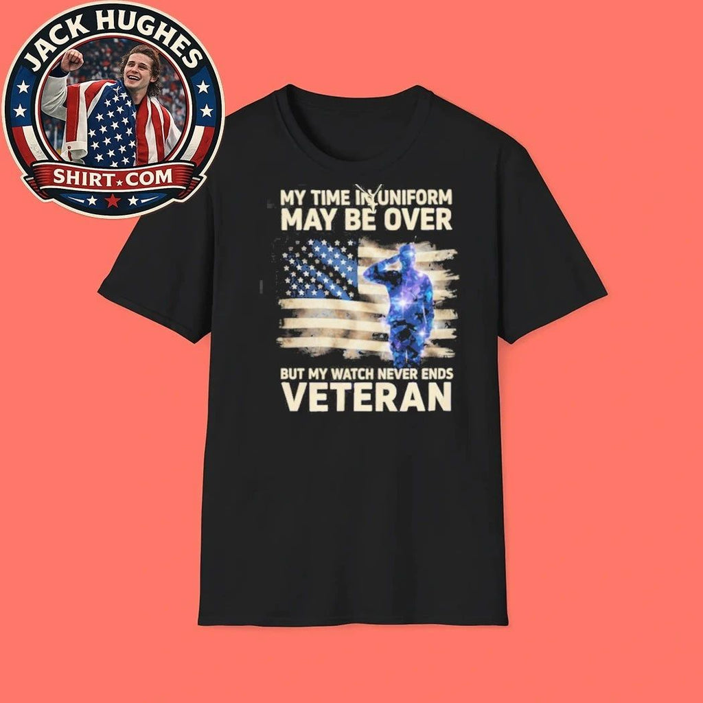 My Watch Never Ends Veteran Saluting Soldier American Flag Shirt