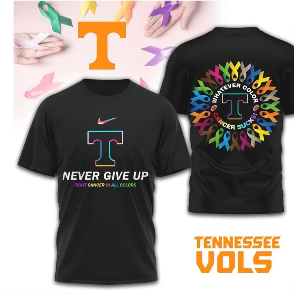 Tennessee Vols Never Give Up Fight Cancer In All Colors Logo Two Sided T-Shirt