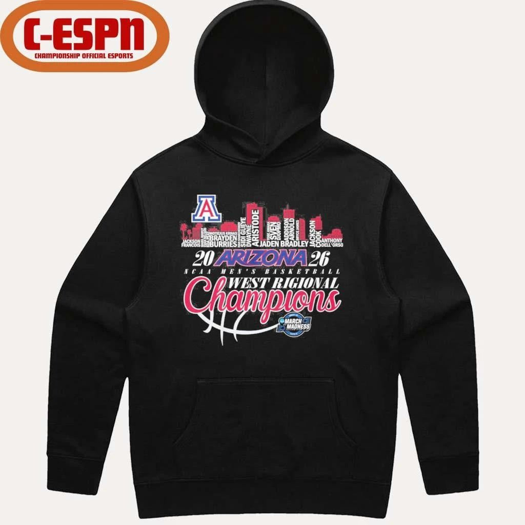 Arizona Wildcats 2026 Men’s Basketball Midwest Regional Champions Skyline Player Name Shirt
