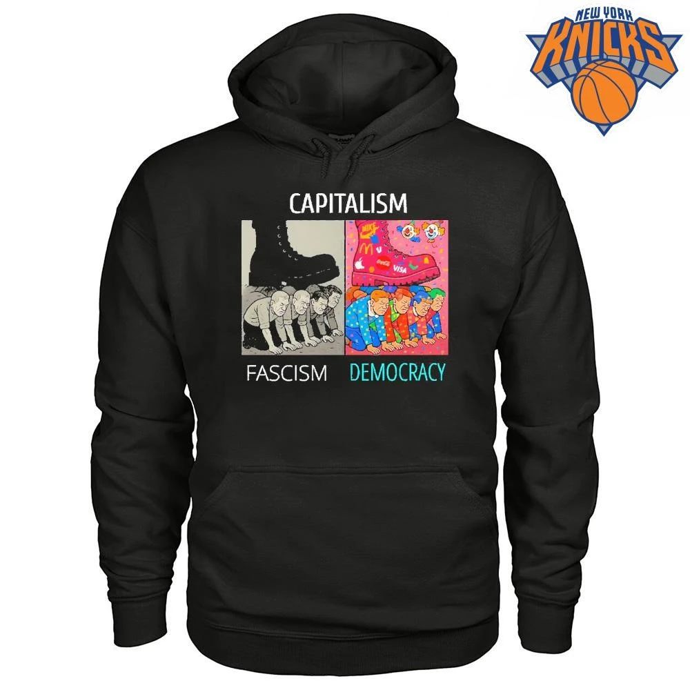 Capitalism Fascism Versus Democracy Corporate Brands Clown Boot Stepping On People Meme Shirt