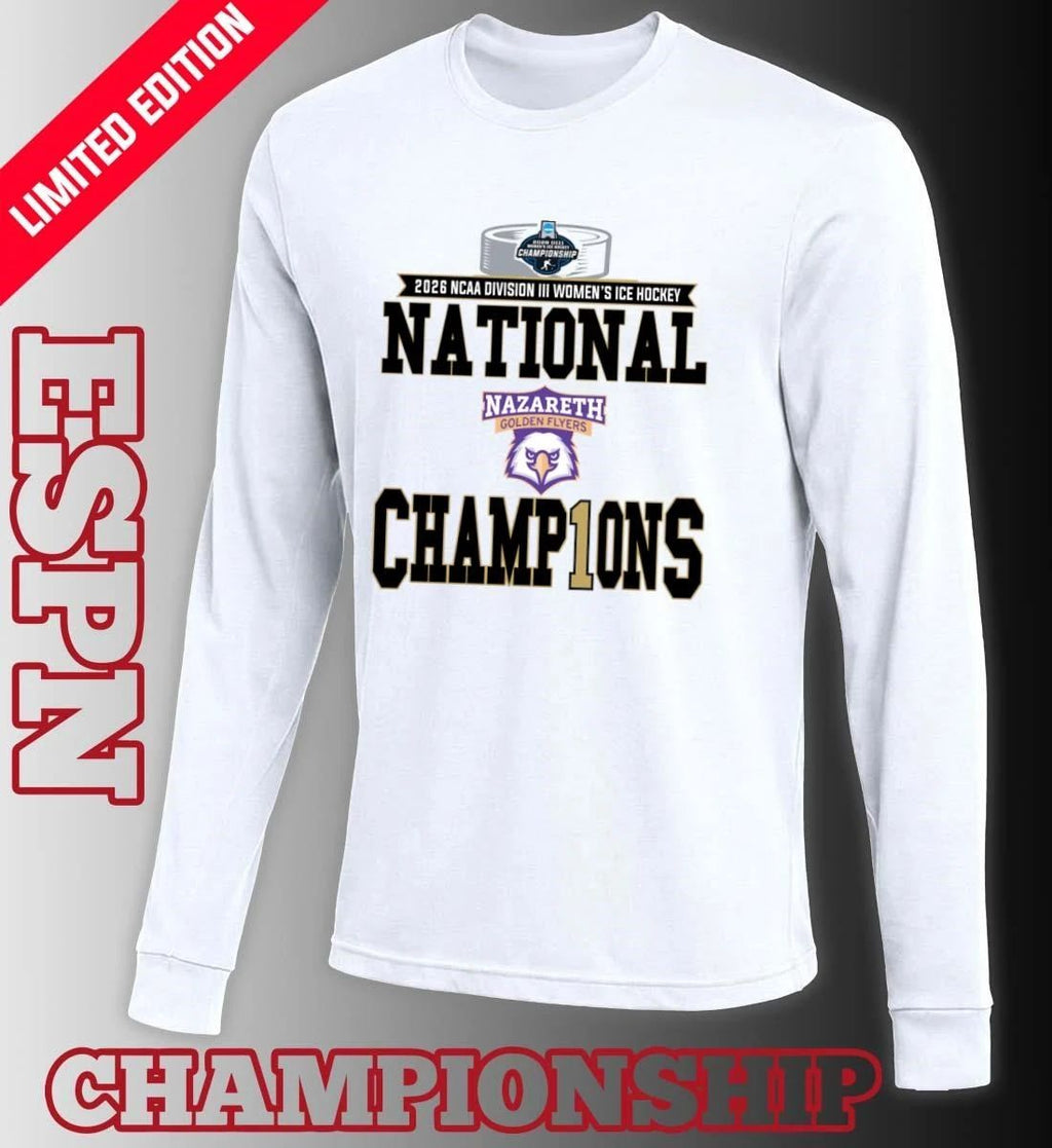 Nazareth Golden Flyers 2026 NCAA DIII Women’s Ice Hockey National Champions Locker Room T-Shirt