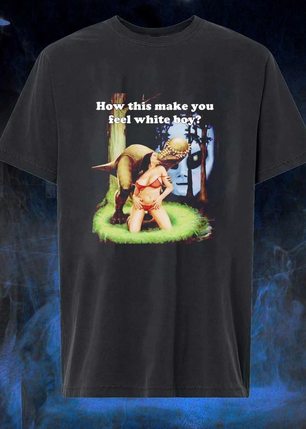 Alien and Dinosaur Interacting with Woman How This Make You Feel White Boy Shirt
