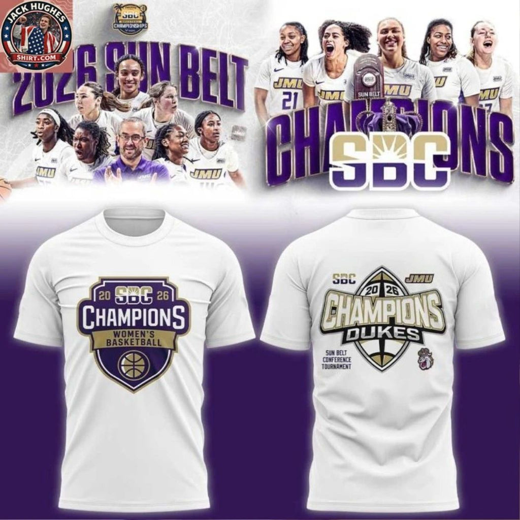 JMU Duke Women’s Basketball 2026 Sun Belt Conference Tournament Champions Logo Two Sided T-Shirt