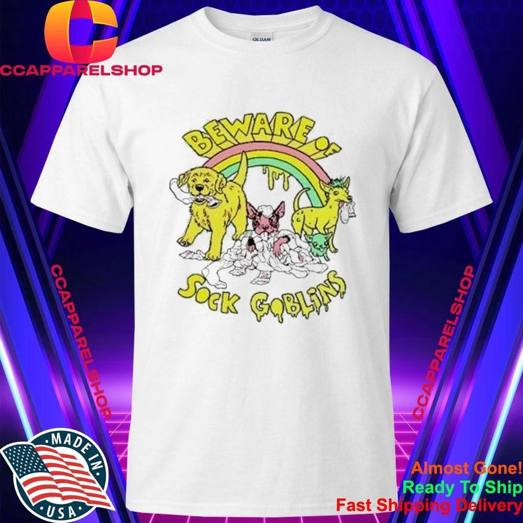 Beware Of Sock Goblins Cute Puppies Rainbow Dogs Eating Socks Shirt