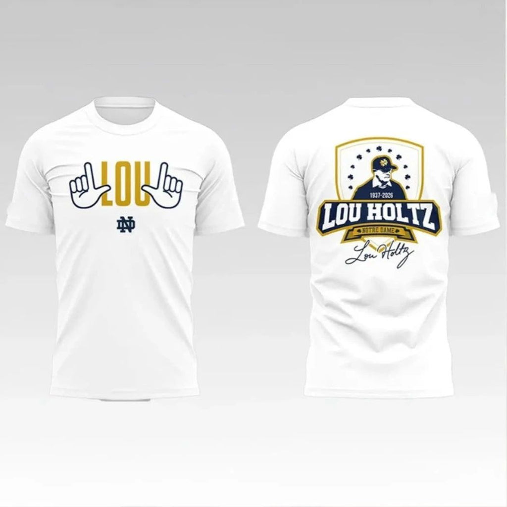 2026 Notre Dame Football Lou Holtz The Fighting Irish 2026 Notre Dame Football Lou Holtz 1937 – 2026 Signature Logo Two Sided Shirt