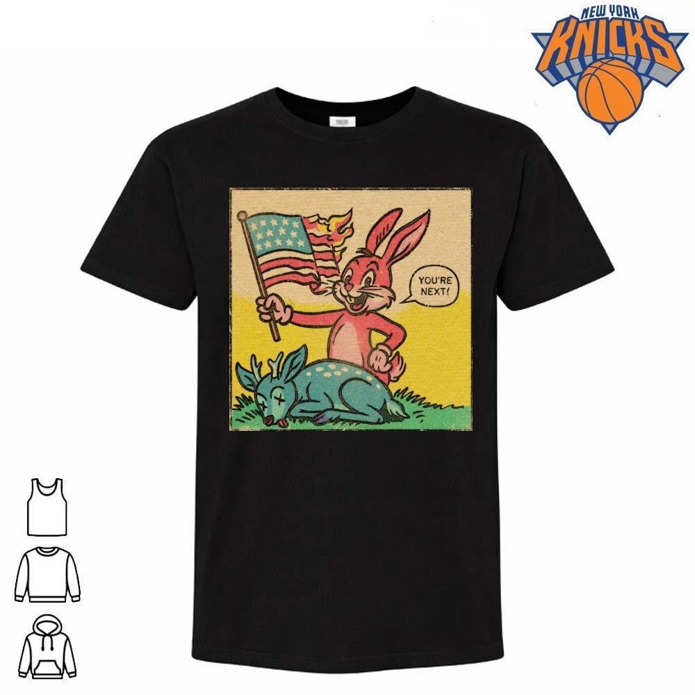 Happy 4th of July 250 Years Pink Bunny Burning American Flag You Are Next Political Comic Satire shirt