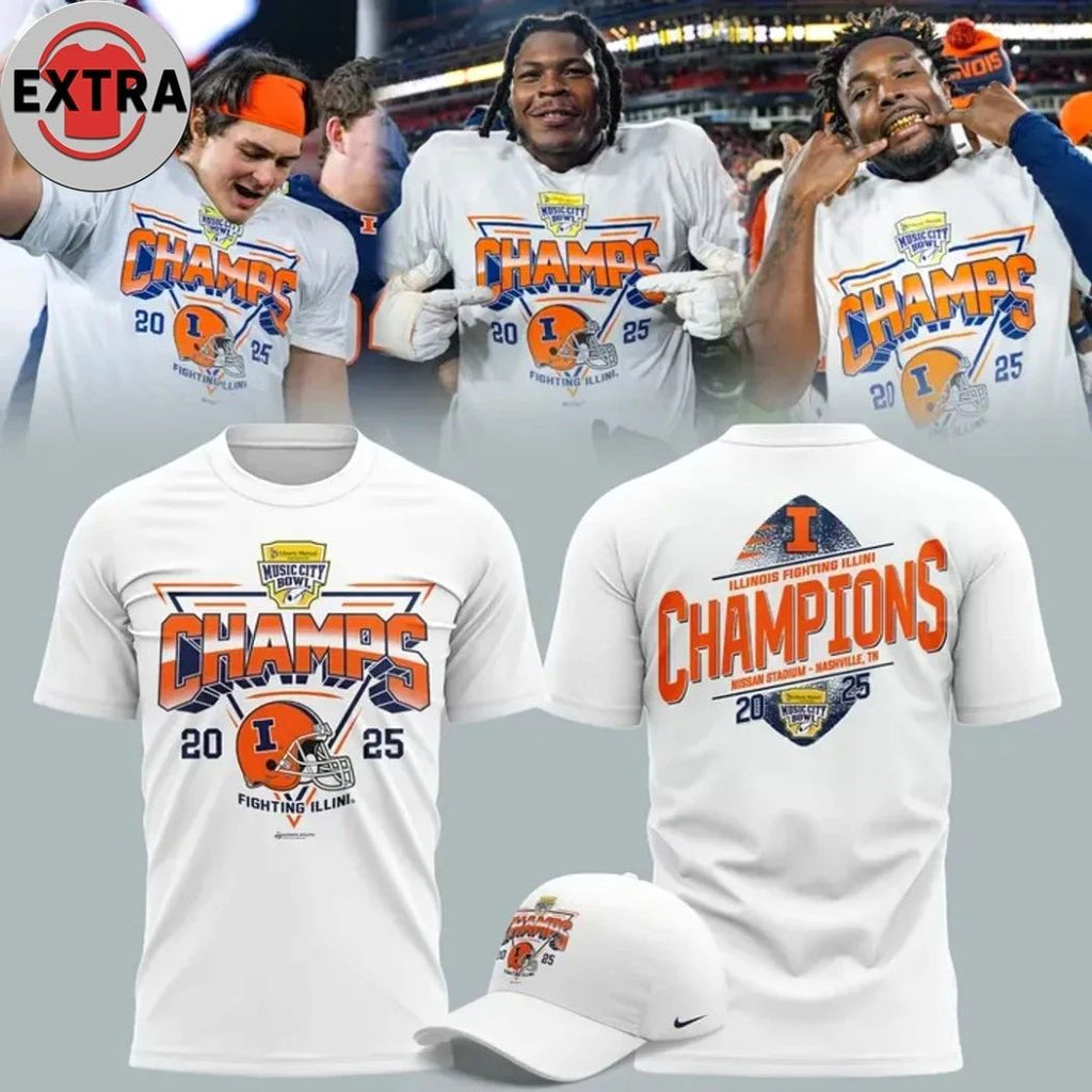Illinois Fighting Illini Football 2025 Music City Bowl Champions Helmet And Logo Hoodie T-Shirt