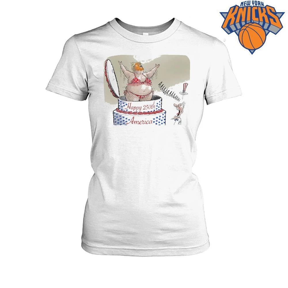 Donald Trump pop out of America 250th birthday cake bikini screaming Uncle Sam funny political shirt
